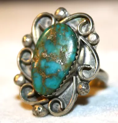 Southwest Sterling Silver Morenci Iron Pryrite Turquoise Scroll Ring Size 5.25 • $62.05