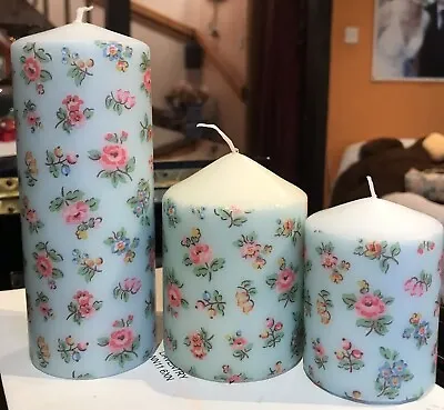 £20 • Buy CATH KIDSTON HIGHGATE DITSY Duck Egg HAND DECORATED PILLAR CANDLES SET Of 3