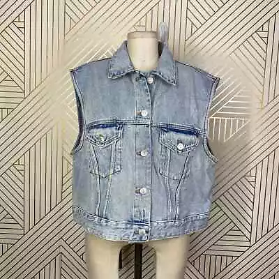 NWT Zara Edited Blue Denim Sleeveless Boxy Jean Vest Rock N Roll Punk Size US S • $40.79