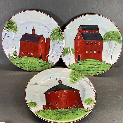 3 Salad Plates Barns Warren Kimble Sakura Red Boards 8.25” Wide 1998 • $24.89