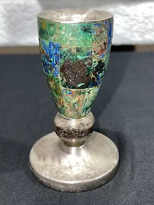 Vintage Los Castillo Candle Holder Taxco Silver Plate With Turquoise & Malachite • $299