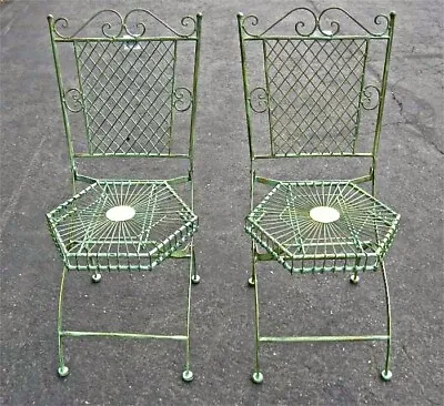  2 Folding Chair Garden Patio Set Hexagon Seat Antique Green - Iron   • $189.95