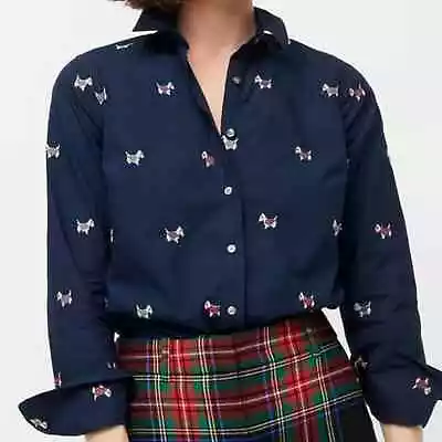 J. Crew Womens Embroidered Scottie Dog Button Down L/S Navy Shirt Sz 0 NWT • $35