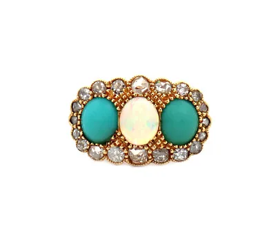 Vintage Opal Turquoise And 0.15ctw Mine Cut Diamond Frame Ring In 18K • $700