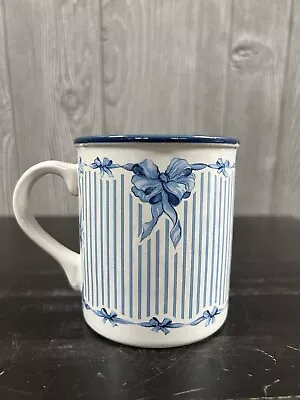 Vintage 1989 Potpourri Press Windsor Stripe Blue Bows Coffee Mug Cup • $10.99