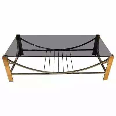 Mid-Century Modern Italian Brass Steel And Smoked Glass Coffee Table 1970 • $1887