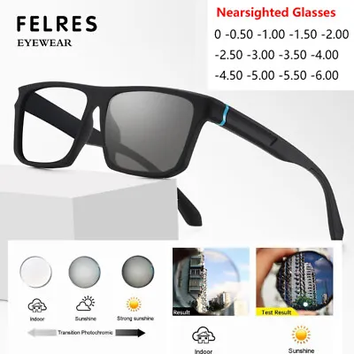 Sports Square Photochromic Myopia Nearsighted Glasses For Men TR90 Sunglasses • $13.97