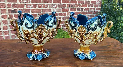 Antique French Majolica PAIR Cache Pot Planter Flower Pot Jardiniere Vase C1900  • $1425