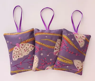 3 X Lavender Bags / Sachet Purple Moths Fabric Handmade Gift Cotton • £4.50