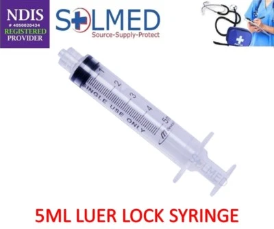 $40 • Buy HYPODERMIC 5mL SYRINGES LUER LOCK TIP STERILE LATEX FREE & DEHP FREE X 100