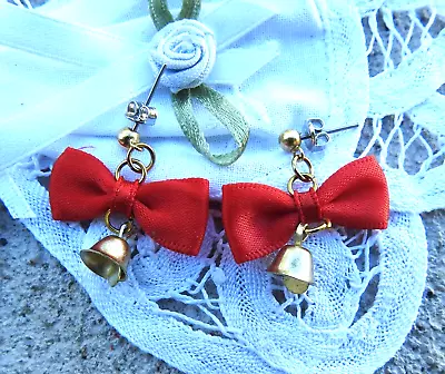 Vintage Christmas Holiday Red Bows With Dangling Bells  Pierced Earrings • $6