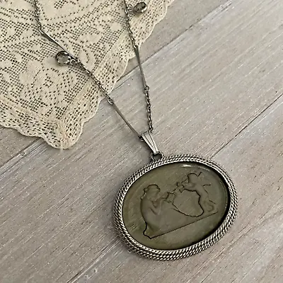 Vintage Cameo Necklac Glass Silver Tone Reverse Carved Pendant Cherub Intaglio • $49.99