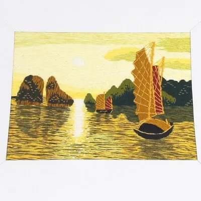 Embroidered Silk Thread Art Vietnamese Ships Boats At Sea Setting Sun Signed • $34.95