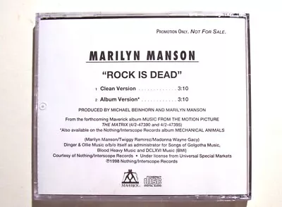 MARILYN MANSON  “Rock Is Dead” Original 1998 2-Track PROMO CD W/Edited Radio Cut • $24.95