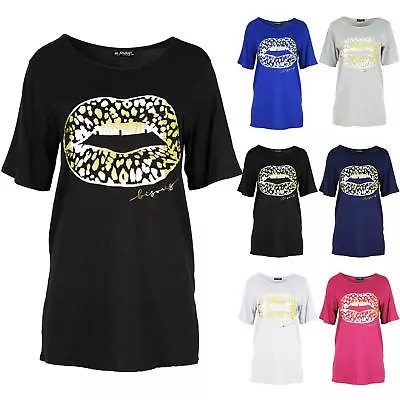 Womens Ladies Gold Foil Lips Printed Baggy Oversized Casual Basic T Shirt Top • £1.98