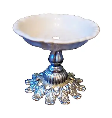 Antique Vintage White Ceramic Silver Metal Pedestal Soap Dish Victorian • $50