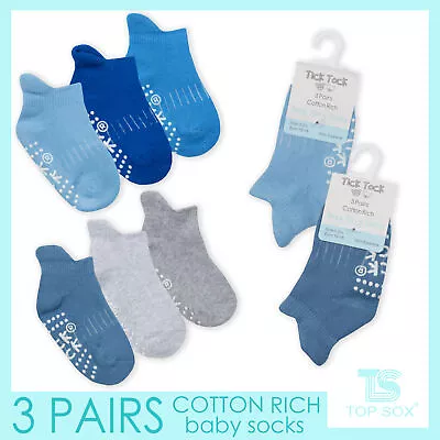 TOPSOX 3 Pairs Baby Boys Terry Trainer Liner Crawling Socks Non Slip ABS Blue • £2.49