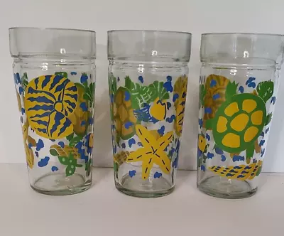 3 Vtg Turtle Seashell Jelly Peanut Butter Jar Drinking Glass Green Blue Yellow • $18