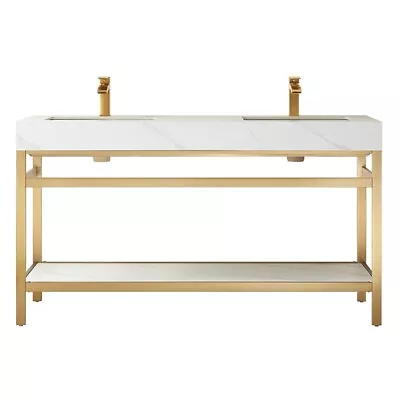 Funes 60  Double Sink Bathroom Vanity In Brushed Gold Frame White Top No Mirror • $1016.52