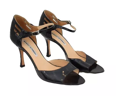 Manolo Blahnik Black Strappy Open Toe Patent Leather Heels Size 37.5 • $79.99