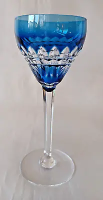 Val St Lambert Cerulean Blue Overlay Cut Crystal Hock/Wine Glass • £45