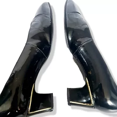 £25 • Buy Vintage Shoes Black Patent 1960s Bally Size 3-4 Gold Detailing Leather 60s