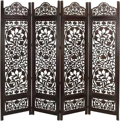 Handcrafted Wooden 4-Panel Room Divider Screen Featuring Lotu Pattern-Reversible • $254.94