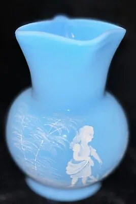 Mary Gregory Glass Blue Opaque 4.5  Pitcher With Girl Feeding Birds Square Top • $15