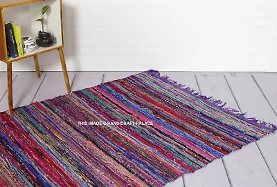 Recycled Mat Cotton Handmade Multi Colored Chindi Area Floor Rag Rug Fair Trade • £29.99