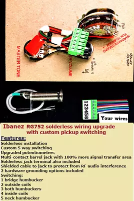 Solderless Ibanez RG 752 Wiring Upgrade - M V/ M T / Custom 5 Way Switching! • $154