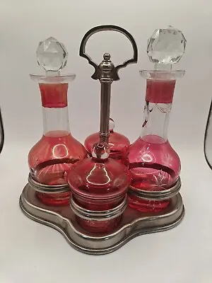 Antique Rare Cranberry-Clear-Cranberry Cut Glass Cruet Condiment 9 Piece Set  • $108