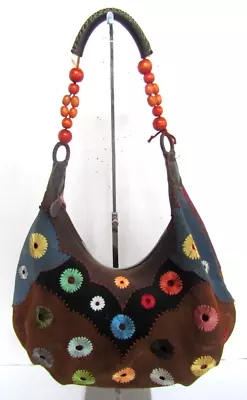 Vintage 70s Shoulder Bag Floral Suede Leather Patchwork Embroidered Beaded Purse • $50.99
