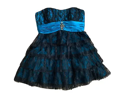 MASQUERADE Black Blue Lace Tulle Short Strapless Party Dress Juniors Sz 9/10 EUC • $16.20