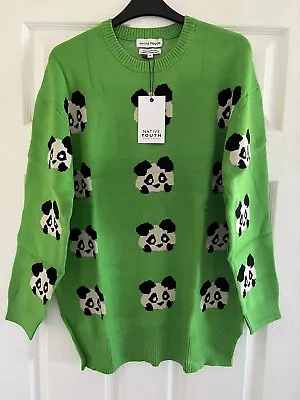 Native Youth ASOS Green Panda Pattern Knitted Jumper Size XS 6 8 BNWT • £12.99