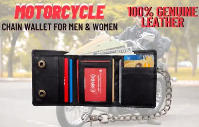 Genuine Leather Mens Biker Chain Trifold Wallet Black • $16.99