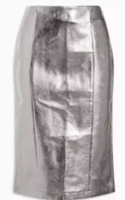 Bnwt Next Uk 6 Metallic Silver Pencil Straight Skirt Leather Look New • £5