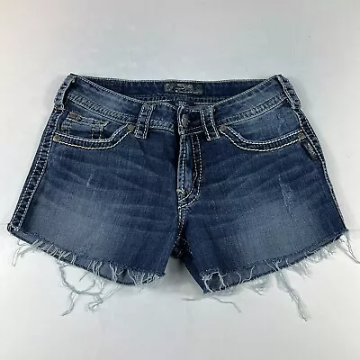 Silver Jean Short Women 28 Suki Blue Fade Cut Off Distressed Stretch Denim Jorts • $19.99