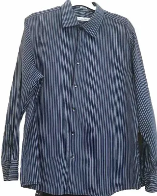 Calvin Klein Mens Shirt Size Large 48 Inch Chest Blue/Black Pinstriped • £9.50