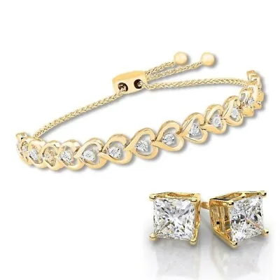 1/2 Cttw CZ Stud Earring & Bolo Heart Bracelet Set In Gold-Plated Silver Jewelry • $8.99