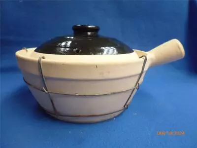 LARGE CHINESE CLAY COOK POT 24cm GLAZED BLACK INSIDE & LID WITH HANDLE • $50