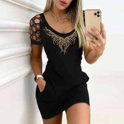 Womens Sexy Rheinstone Cut Out Bodycon Mini Dress Ladies Party Club Dresses Size • £11.39