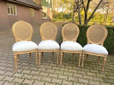 Refined Elegance: Set Of 4 French Louis XVI Dining Chairs With Cane Backs • $1750