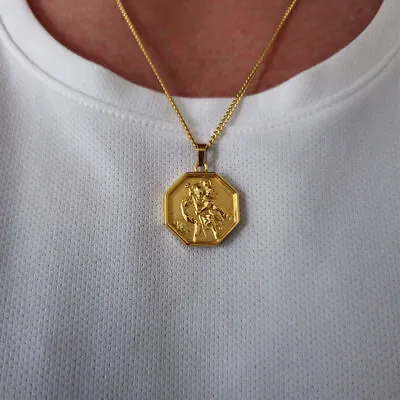 Gold St Christopher Necklace Mens Necklace Travel Necklace Stainless Steel • £20