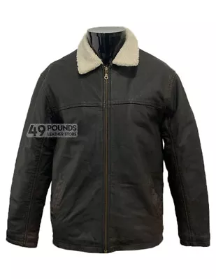 Men's BOMBER Leather Jacket BLACK Fur Collar Aviator Real Cowhide Leather Jacket • £49