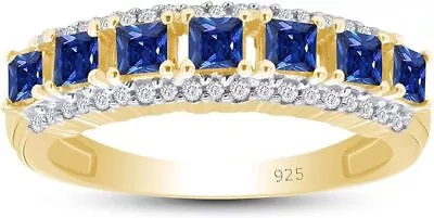 Wedding Band Ring Simulated Blue Sapphire And Natural Diamond Sterling Silver • $117.55