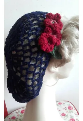 £16 • Buy Navy Snood Crochet 1940s Hair Net Flower Vintage Style Accessory