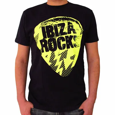 Ibiza Rocks Men's T Shirt Neon Logo Yellow Bolt Plectrum Festival Tee Party Top • $27.34