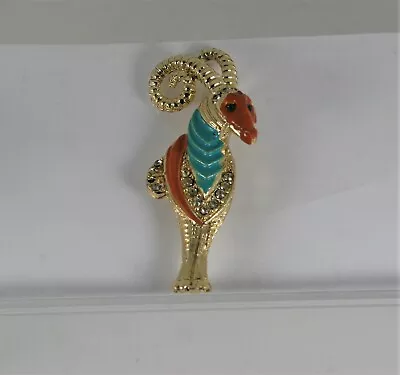 Vintage Gold Tone Enameled Mountain Goat Ram Brooch  • $1.99