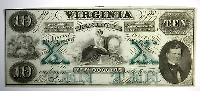 1862 $10 Virginia Treasury Note Va Obsolete Choice Unc Sn#9977 • $139