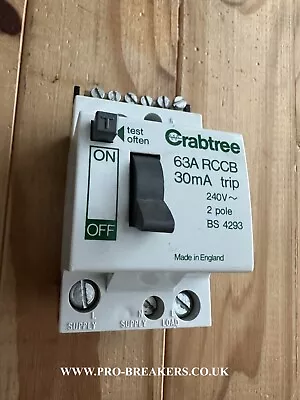 CRABTREE 63 AMP 30mA DOUBLE POLE RCCB RCD • £39.94